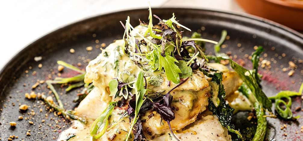 A plated entr&eacute;e of a creamy dish topped with micro herbs on a dark plate.